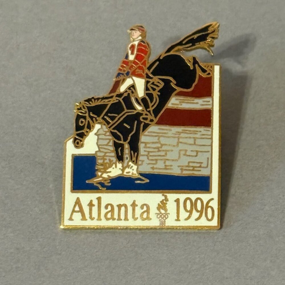 Vintage Olympics Pin 1996 Atlanta Button Gold Pinback Horse Racing Derby Jumping